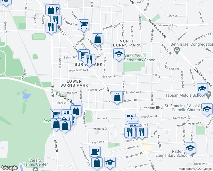 map of restaurants, bars, coffee shops, grocery stores, and more near 1411 Packard Street in Ann Arbor