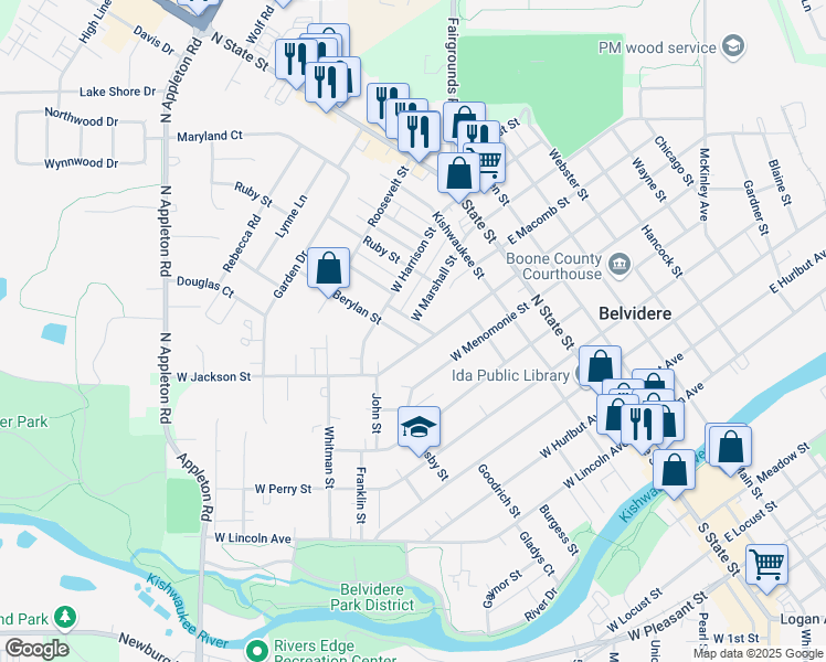 map of restaurants, bars, coffee shops, grocery stores, and more near 324 West Marshall Street in Belvidere