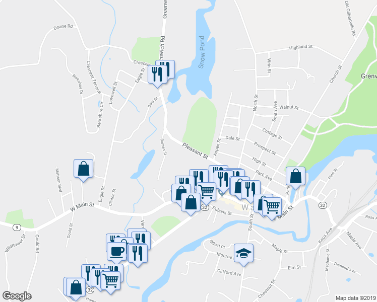 map of restaurants, bars, coffee shops, grocery stores, and more near 102 Pleasant Street in Ware