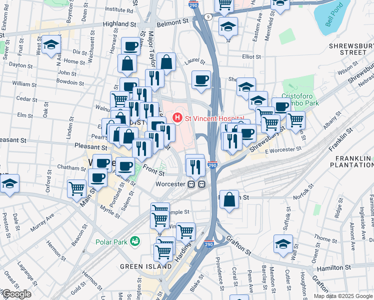 map of restaurants, bars, coffee shops, grocery stores, and more near Bridge Street in Worcester