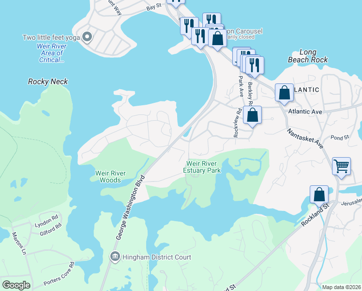 map of restaurants, bars, coffee shops, grocery stores, and more near 150 George Washington Boulevard in Hull
