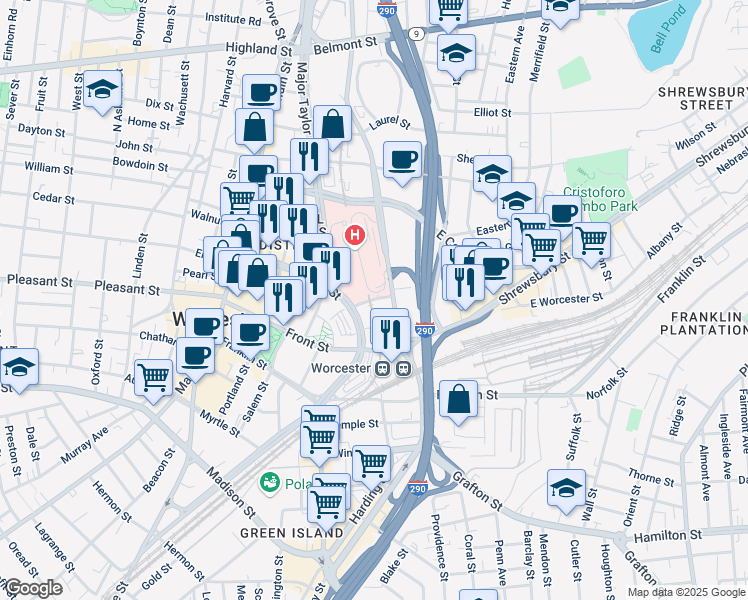 map of restaurants, bars, coffee shops, grocery stores, and more near Bridge Street in Worcester
