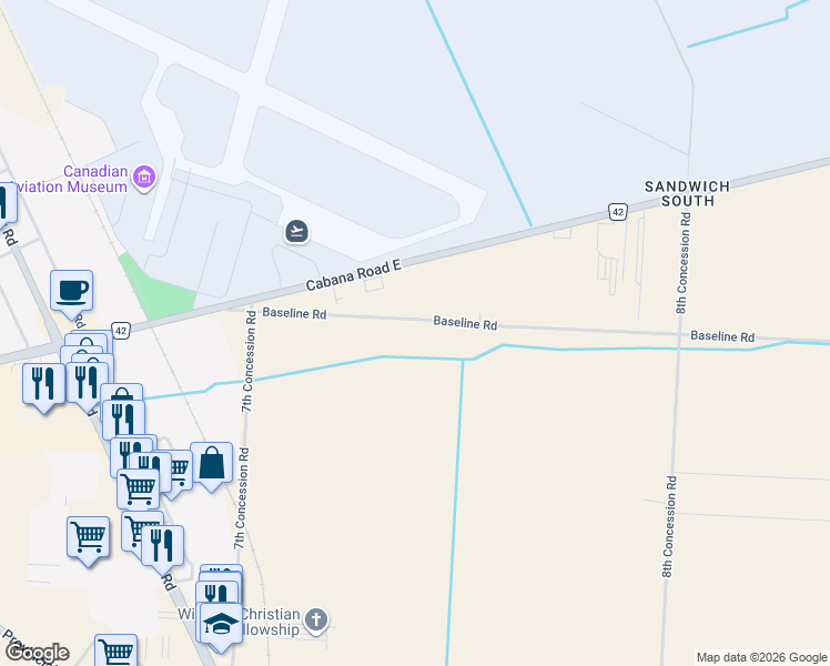 map of restaurants, bars, coffee shops, grocery stores, and more near 3500 Baseline Road in Windsor