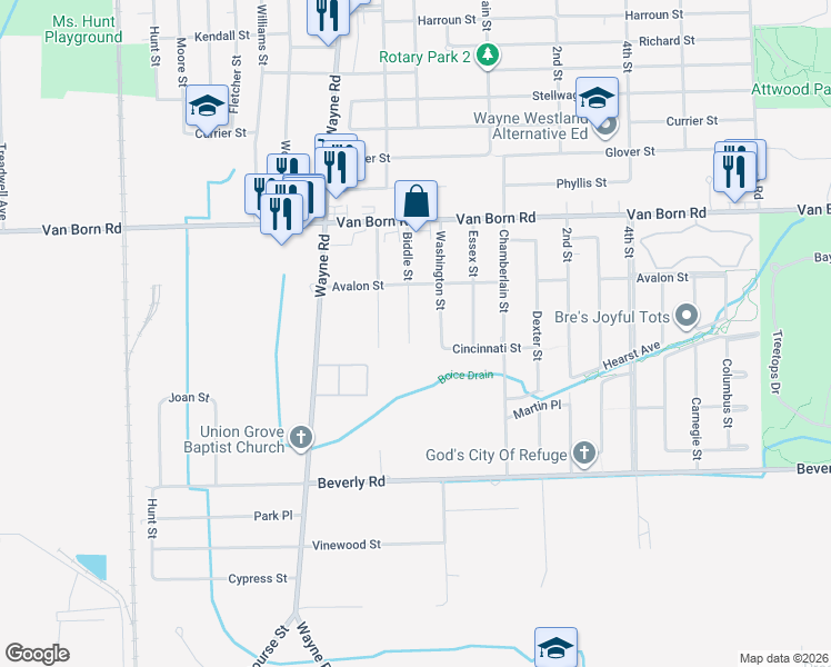 map of restaurants, bars, coffee shops, grocery stores, and more near 6056 Washington Street in Romulus