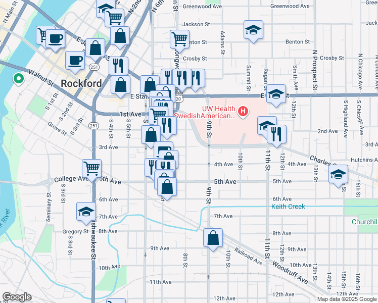map of restaurants, bars, coffee shops, grocery stores, and more near 1140 3rd Avenue in Rockford