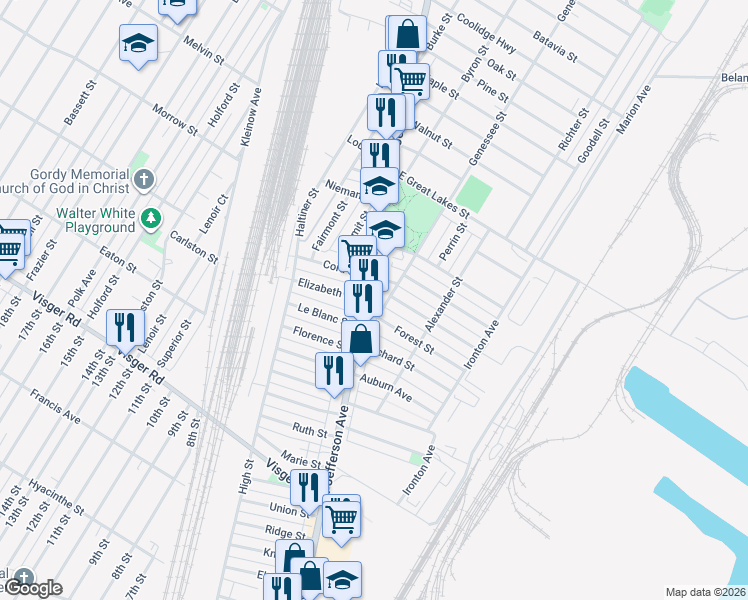 map of restaurants, bars, coffee shops, grocery stores, and more near 11345 West Jefferson Avenue in River Rouge