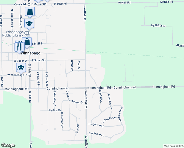 map of restaurants, bars, coffee shops, grocery stores, and more near 302 Prairie Hill Parkway in Winnebago