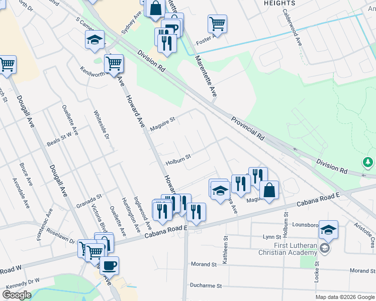 map of restaurants, bars, coffee shops, grocery stores, and more near 3691 Farrow Avenue in Windsor