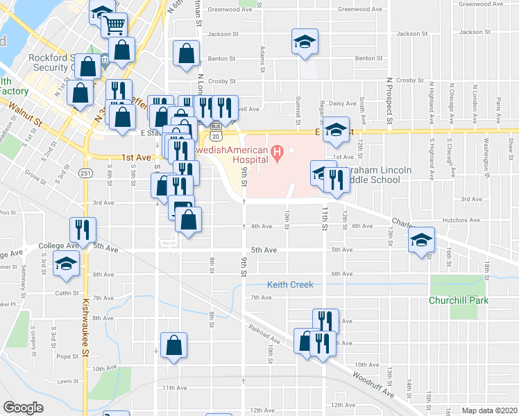 map of restaurants, bars, coffee shops, grocery stores, and more near 1319 Charles Street in Rockford