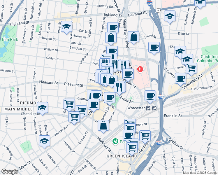 map of restaurants, bars, coffee shops, grocery stores, and more near 28 Mechanic Street in Worcester