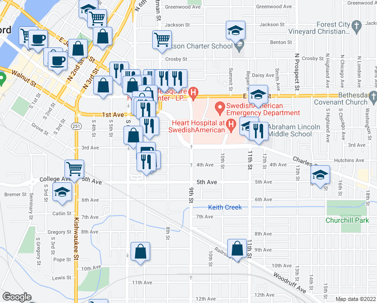 map of restaurants, bars, coffee shops, grocery stores, and more near 409 9th Street in Rockford