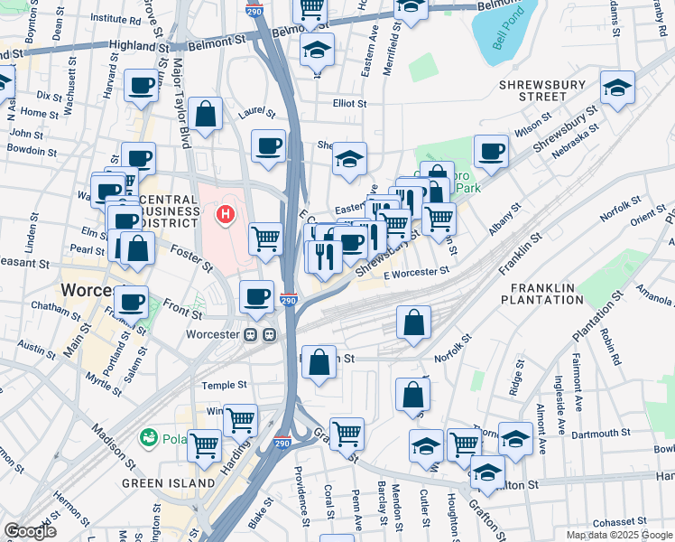map of restaurants, bars, coffee shops, grocery stores, and more near 60 Shrewsbury Street in Worcester