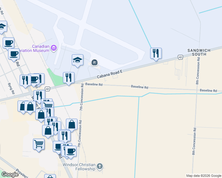 map of restaurants, bars, coffee shops, grocery stores, and more near 3380 Baseline Road in Windsor