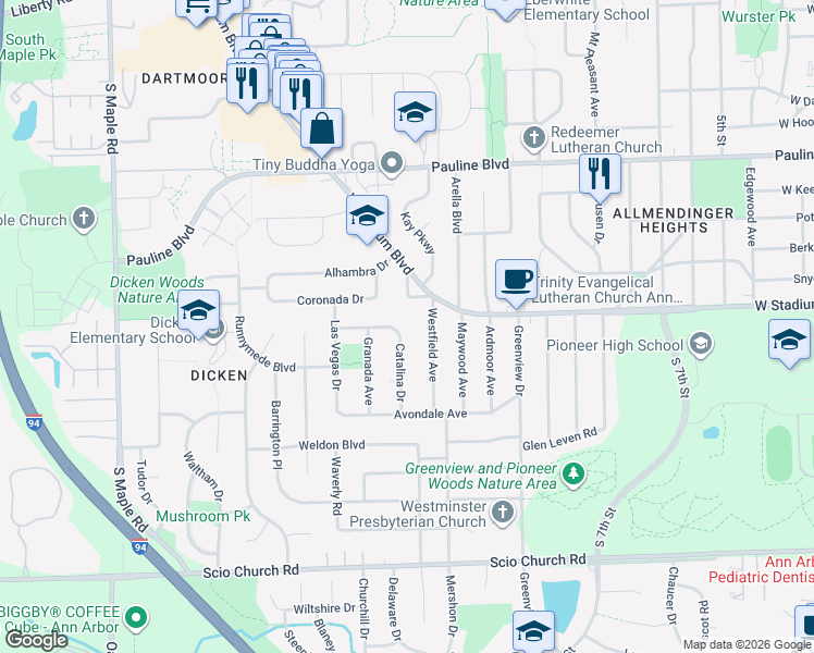map of restaurants, bars, coffee shops, grocery stores, and more near 1821 Coronada Drive in Ann Arbor