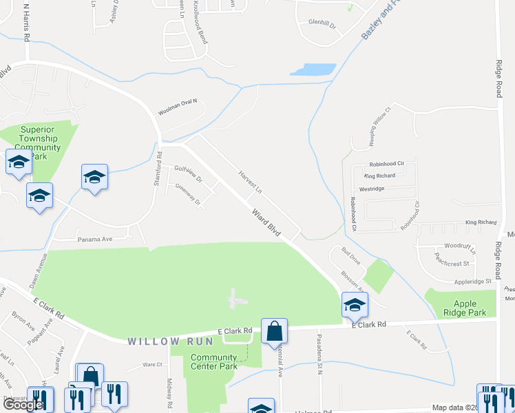 map of restaurants, bars, coffee shops, grocery stores, and more near 1556 Wiard Boulevard in Ypsilanti