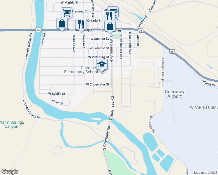 map of restaurants, bars, coffee shops, grocery stores, and more near 2-98 West Chugwater Street in Guernsey