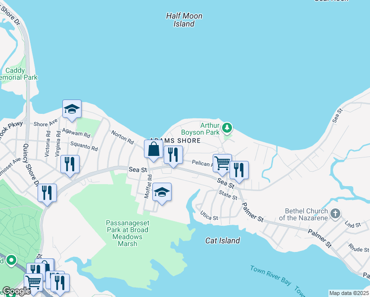 map of restaurants, bars, coffee shops, grocery stores, and more near 33 Plover Road in Quincy