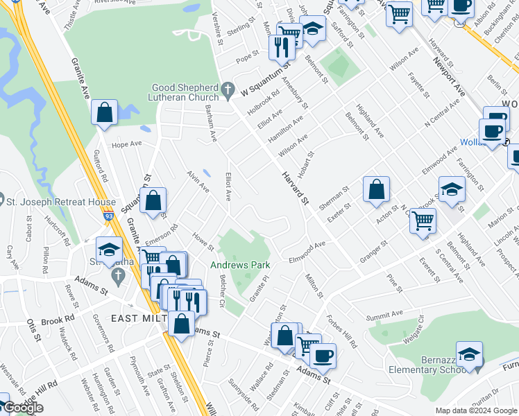 map of restaurants, bars, coffee shops, grocery stores, and more near 150 Barham Avenue in Quincy