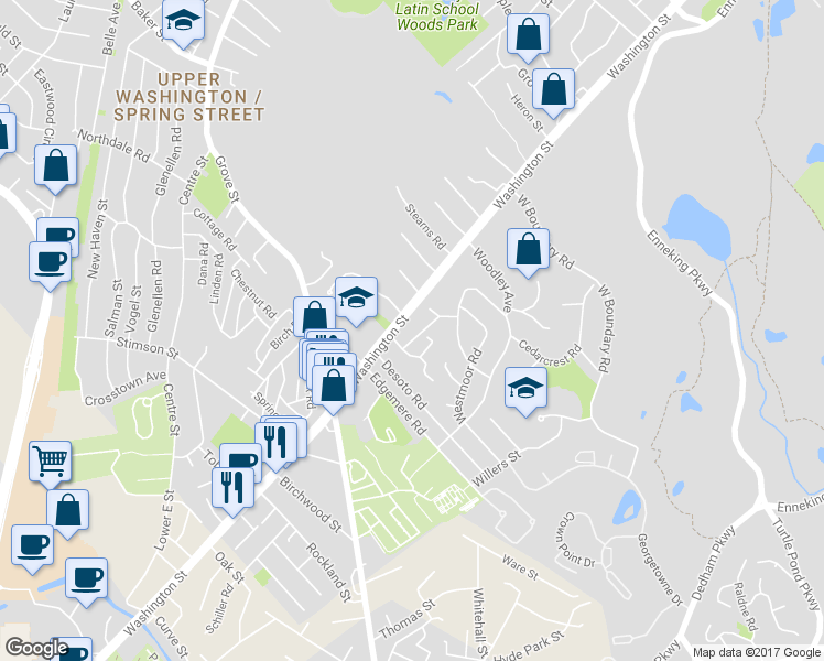 map of restaurants, bars, coffee shops, grocery stores, and more near 5096 Washington Street in Boston