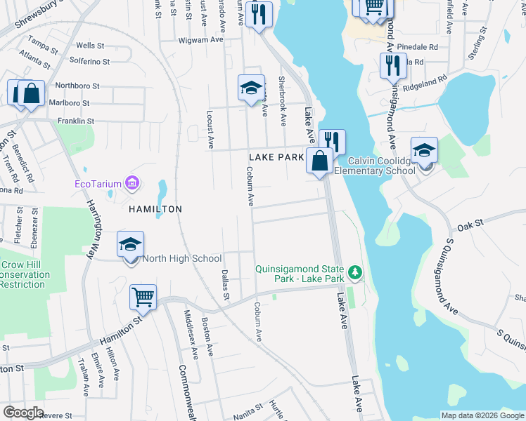 map of restaurants, bars, coffee shops, grocery stores, and more near 1 Ayrshire Road in Worcester