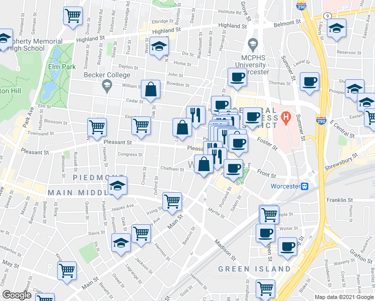 map of restaurants, bars, coffee shops, grocery stores, and more near 79 Pleasant Street in Worcester