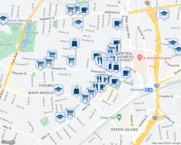 map of restaurants, bars, coffee shops, grocery stores, and more near 79 Pleasant Street in Worcester