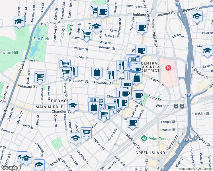 map of restaurants, bars, coffee shops, grocery stores, and more near 119 Pleasant Street in Worcester