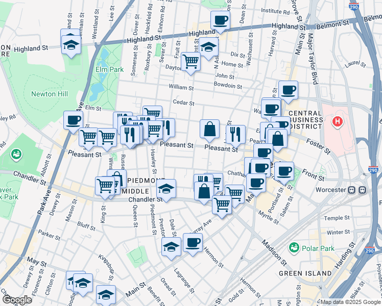 map of restaurants, bars, coffee shops, grocery stores, and more near 219 Pleasant Street in Worcester