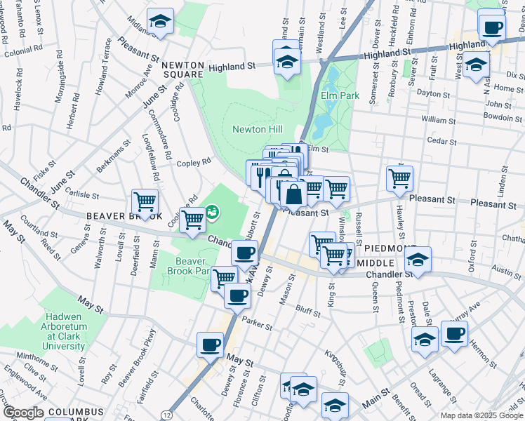 map of restaurants, bars, coffee shops, grocery stores, and more near 521 Pleasant Street in Worcester