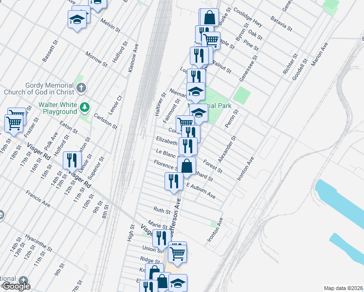 map of restaurants, bars, coffee shops, grocery stores, and more near 11282 West Jefferson Avenue in River Rouge