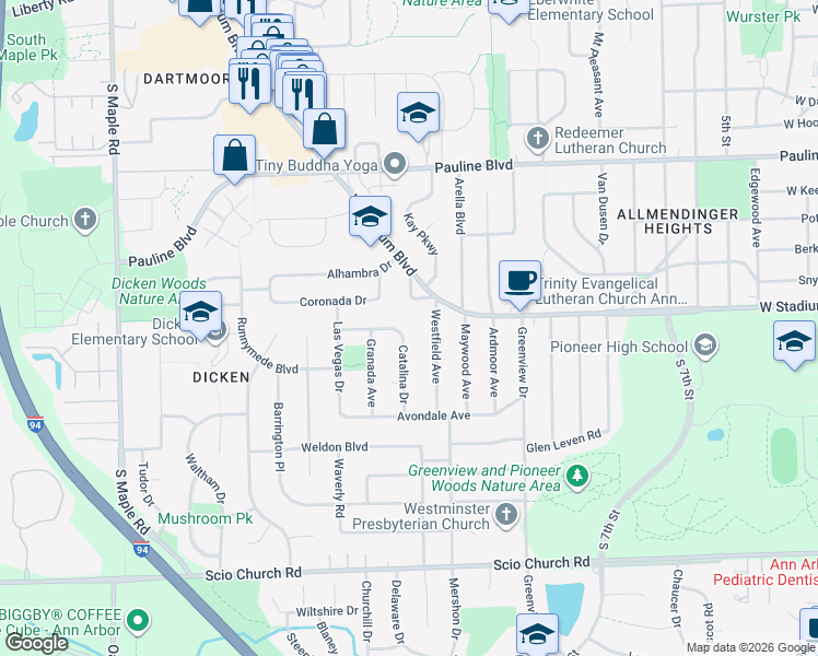 map of restaurants, bars, coffee shops, grocery stores, and more near 1821 Coronada Drive in Ann Arbor