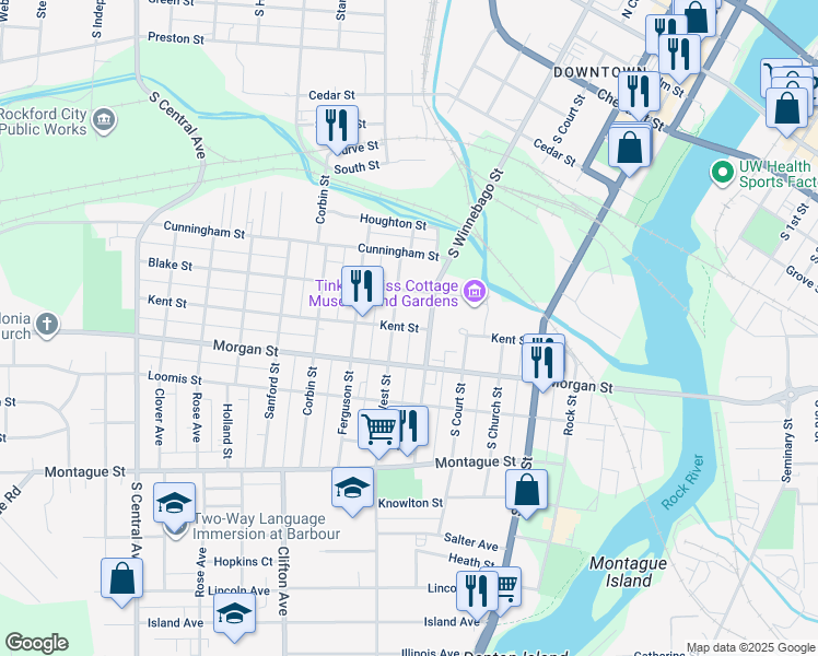 map of restaurants, bars, coffee shops, grocery stores, and more near 916 West Street in Rockford