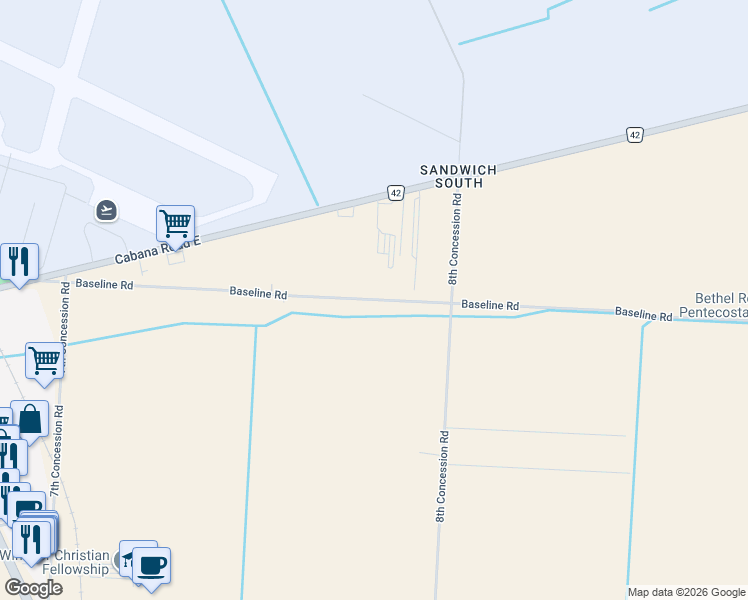 map of restaurants, bars, coffee shops, grocery stores, and more near 4160 Baseline Rd in Windsor