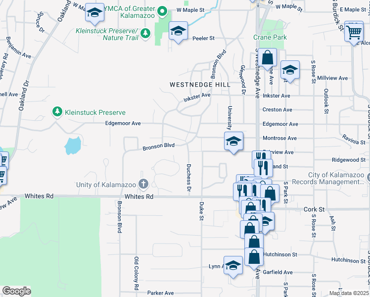 map of restaurants, bars, coffee shops, grocery stores, and more near 2731 Bronson Boulevard in Kalamazoo