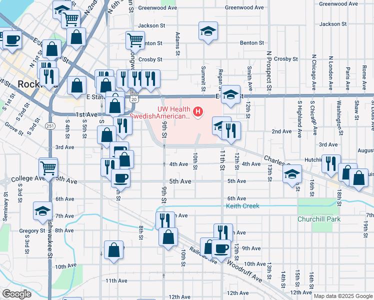 map of restaurants, bars, coffee shops, grocery stores, and more near 1347 Charles Street in Rockford