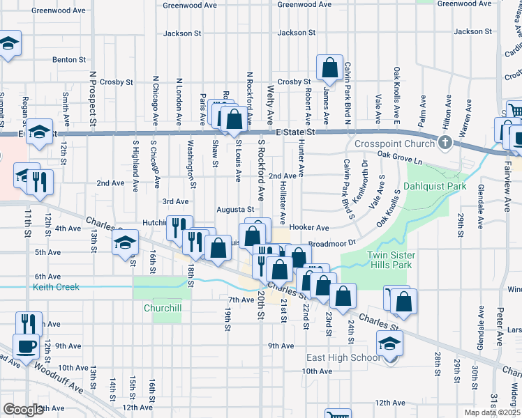 map of restaurants, bars, coffee shops, grocery stores, and more near South Rockford Avenue in Rockford
