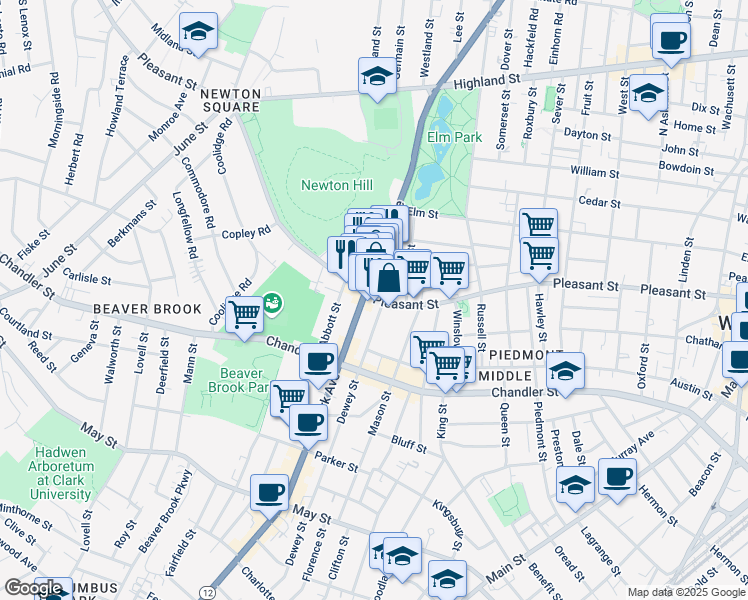 map of restaurants, bars, coffee shops, grocery stores, and more near 86 Austin Street in Worcester