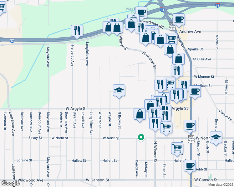 map of restaurants, bars, coffee shops, grocery stores, and more near 1604 Albert Street in Jackson