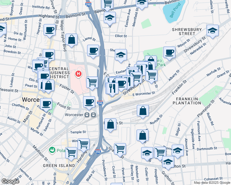 map of restaurants, bars, coffee shops, grocery stores, and more near 60 Shrewsbury Street in Worcester