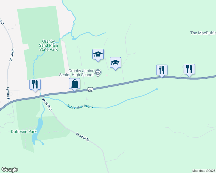 map of restaurants, bars, coffee shops, grocery stores, and more near 393 East State Street in Granby