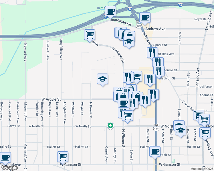 map of restaurants, bars, coffee shops, grocery stores, and more near 1143 North Brown Street in Jackson