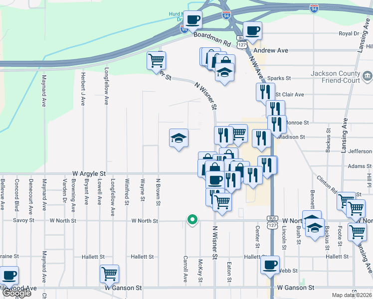 map of restaurants, bars, coffee shops, grocery stores, and more near 1143 North Brown Street in Jackson