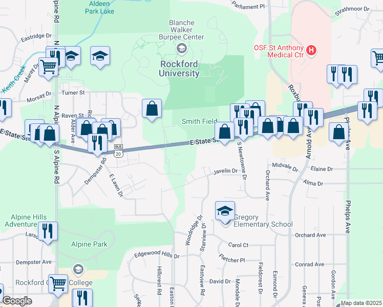 map of restaurants, bars, coffee shops, grocery stores, and more near 5051 East State Street in Rockford