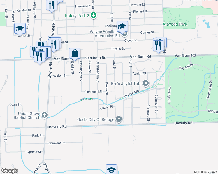 map of restaurants, bars, coffee shops, grocery stores, and more near 6045 Dexter Street in Romulus