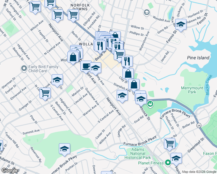map of restaurants, bars, coffee shops, grocery stores, and more near 39 Standish Avenue in Quincy