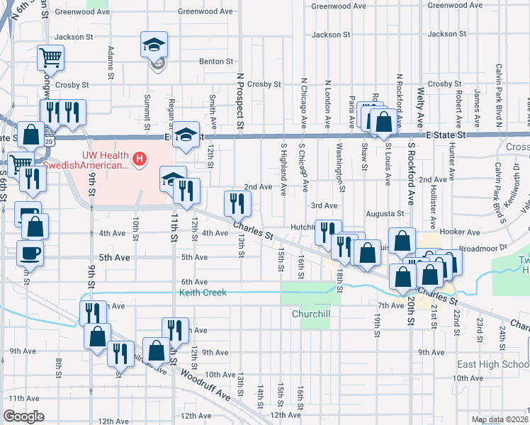 map of restaurants, bars, coffee shops, grocery stores, and more near 319 South Gardiner Avenue in Rockford