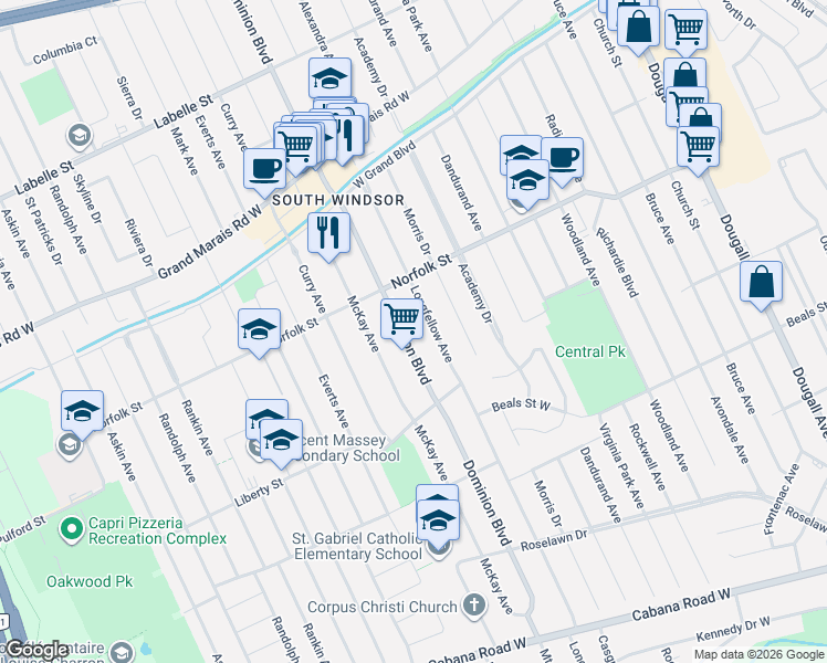 map of restaurants, bars, coffee shops, grocery stores, and more near 3255 Longfellow Avenue in Windsor