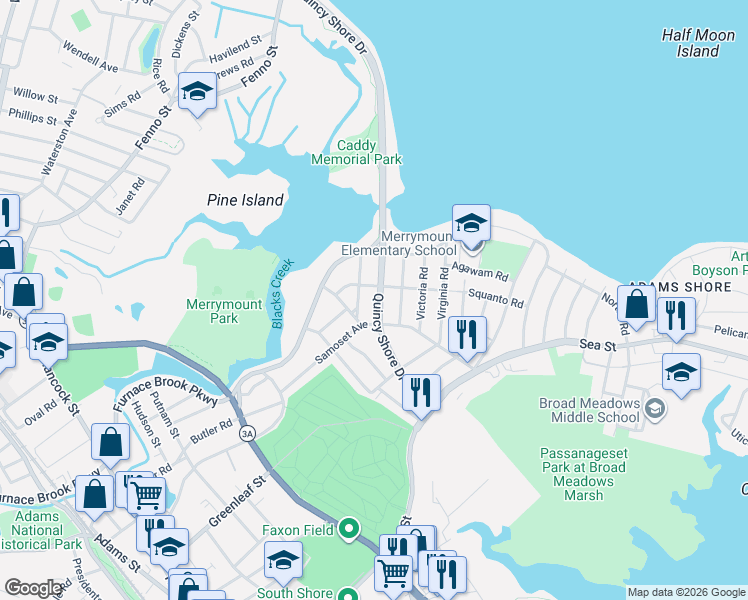 map of restaurants, bars, coffee shops, grocery stores, and more near 1343 Quincy Shore Drive in Quincy
