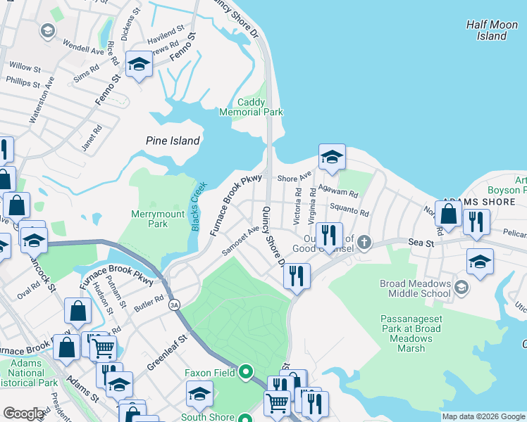 map of restaurants, bars, coffee shops, grocery stores, and more near 17 Squanto Road in Quincy