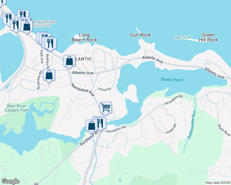 map of restaurants, bars, coffee shops, grocery stores, and more near 30 Pond Street in Hull